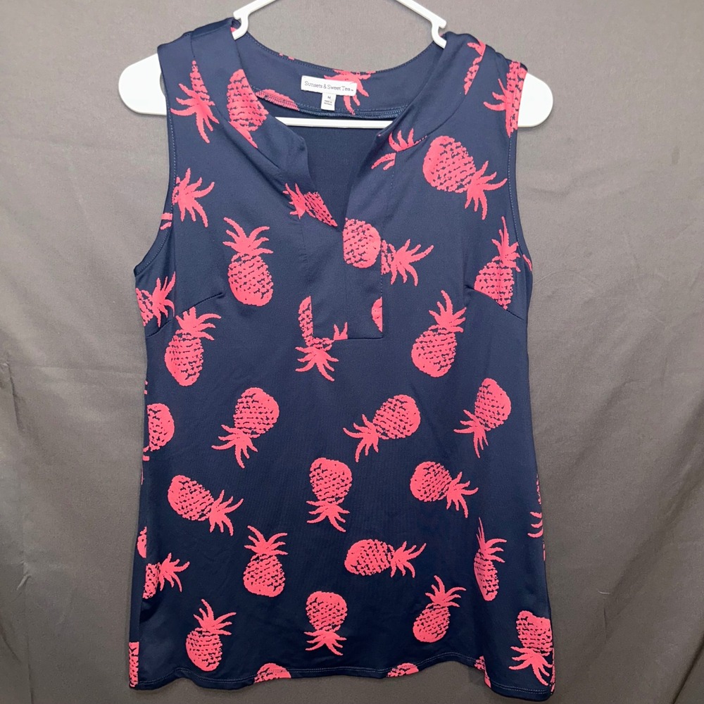 Sunsets & Sweet Tea Womens Slate Blue Pink Pineapple Sleeveless Split Neck Top M